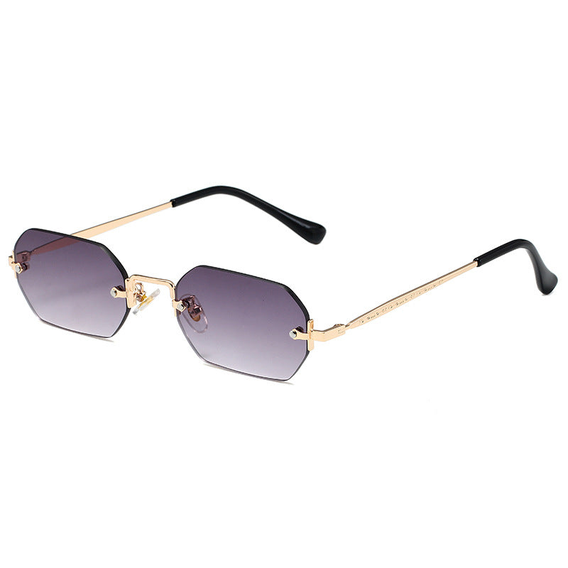 A pair of Polygon Square Sunglasses by Beachy Cover Ups with a gold frame and purple lenses offering UV protection.