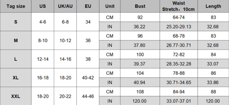 A table showing the sizes of men's and women's clothing, including Beachy Cover Ups' Solid Color Ribbon Tie Beach Dress options.