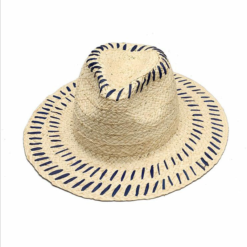 A Summer Tiny Stipes Straw Hat from Beachy Cover Ups with blue stripes on it.