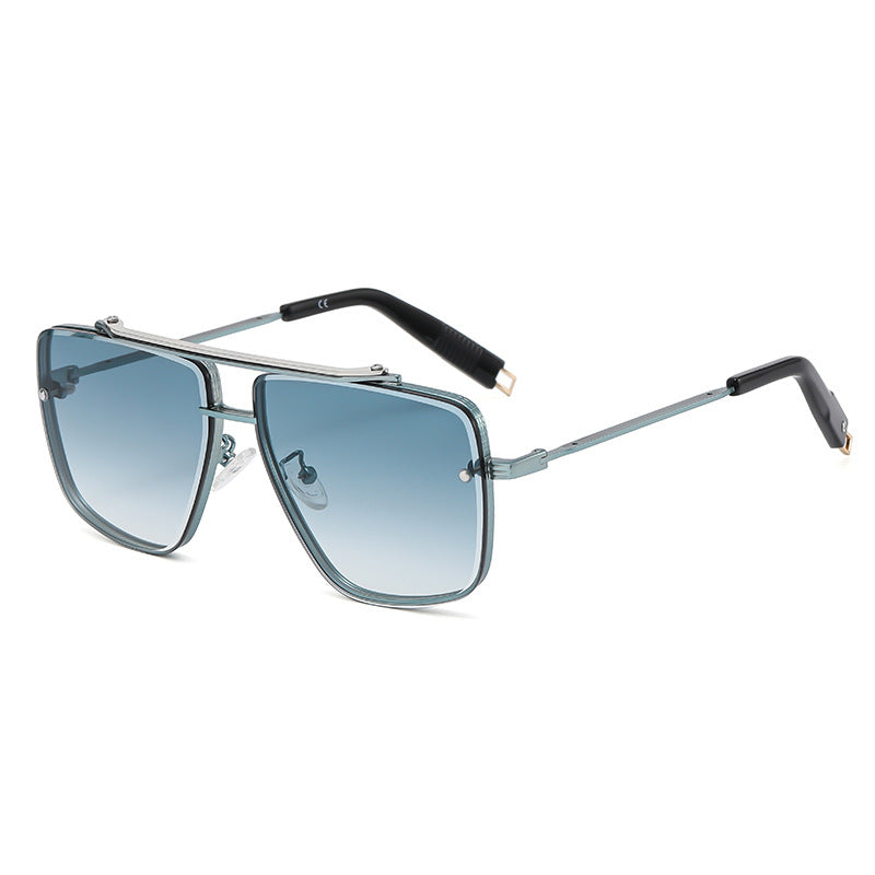 Fashionable Twin-beam Metal Sunglasses with blue lenses and UV protection by Beachy Cover Ups.