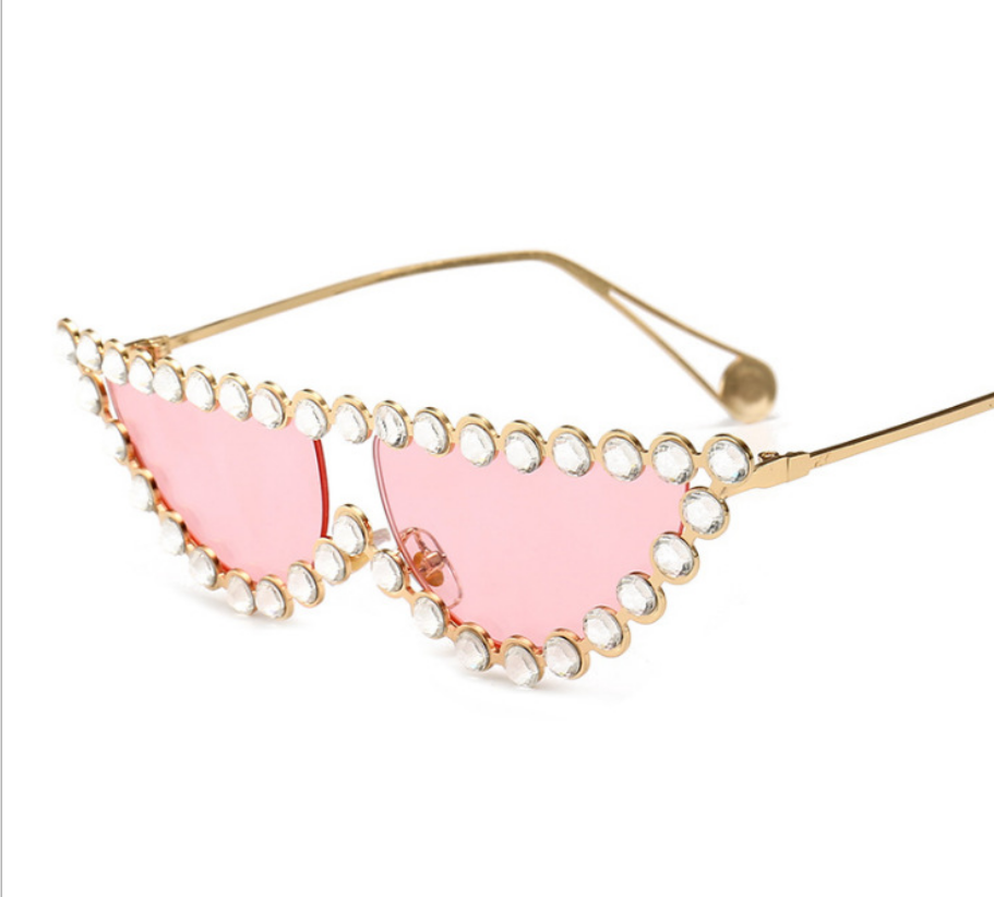 Beachy Cover Ups' Studded Cat's Eye Sunglasses with pink pearls and gold trim.
