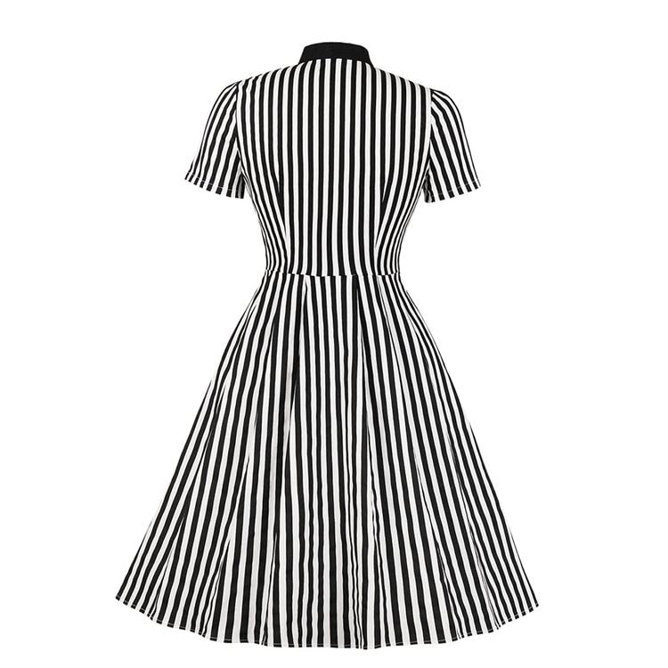 Retro Striped Button Vintage Summer Striped Dress With Bowtie