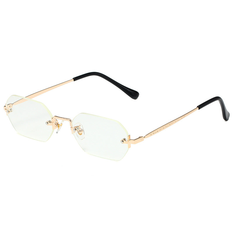 A pair of Beachy Cover Ups' Polygon Square Sunglasses with clear lenses and UV protection.