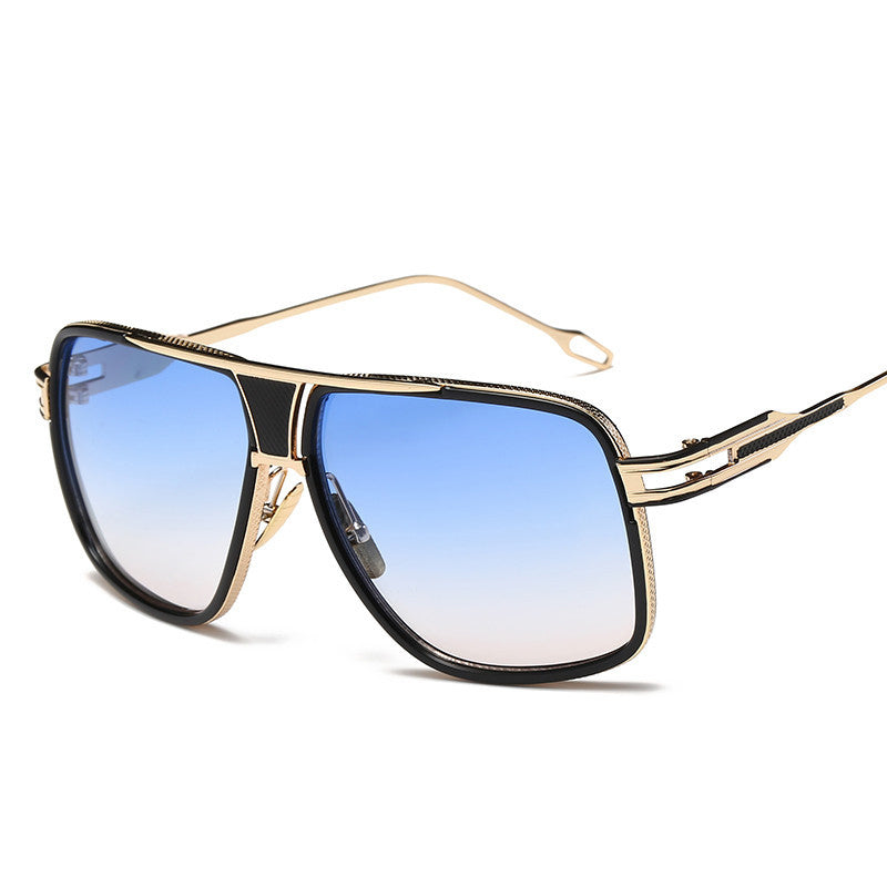A fashion-forward accessory featuring Summer Retro Square Sunglasses by Beachy Cover Ups with a gold frame and blue lenses.