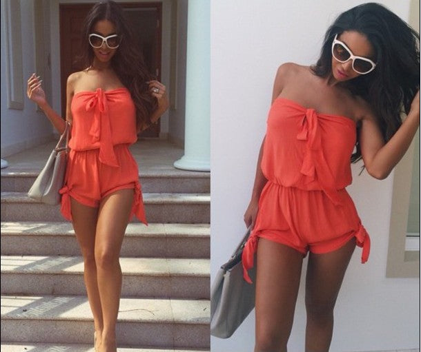 Two pictures of a woman wearing an orange Mini Romper Side Ties Summer Beach Dress from Beachy Cover Ups and sunglasses.