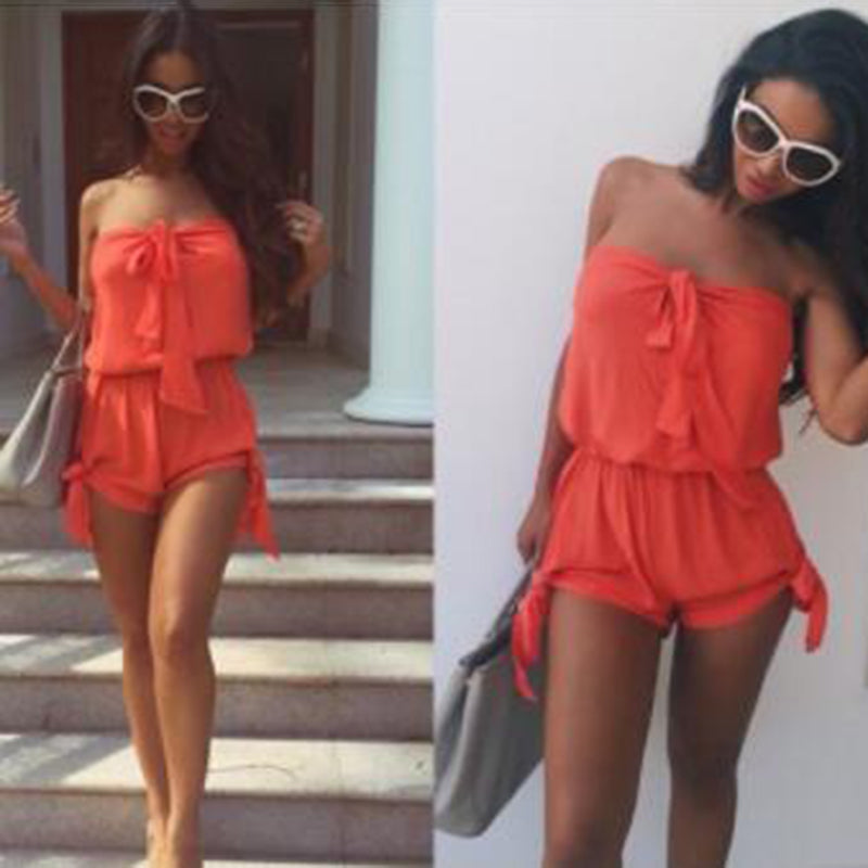 Two pictures of a woman in an adjustable fit Mini Romper Side Ties Summer Beach Dress by Beachy Cover Ups.