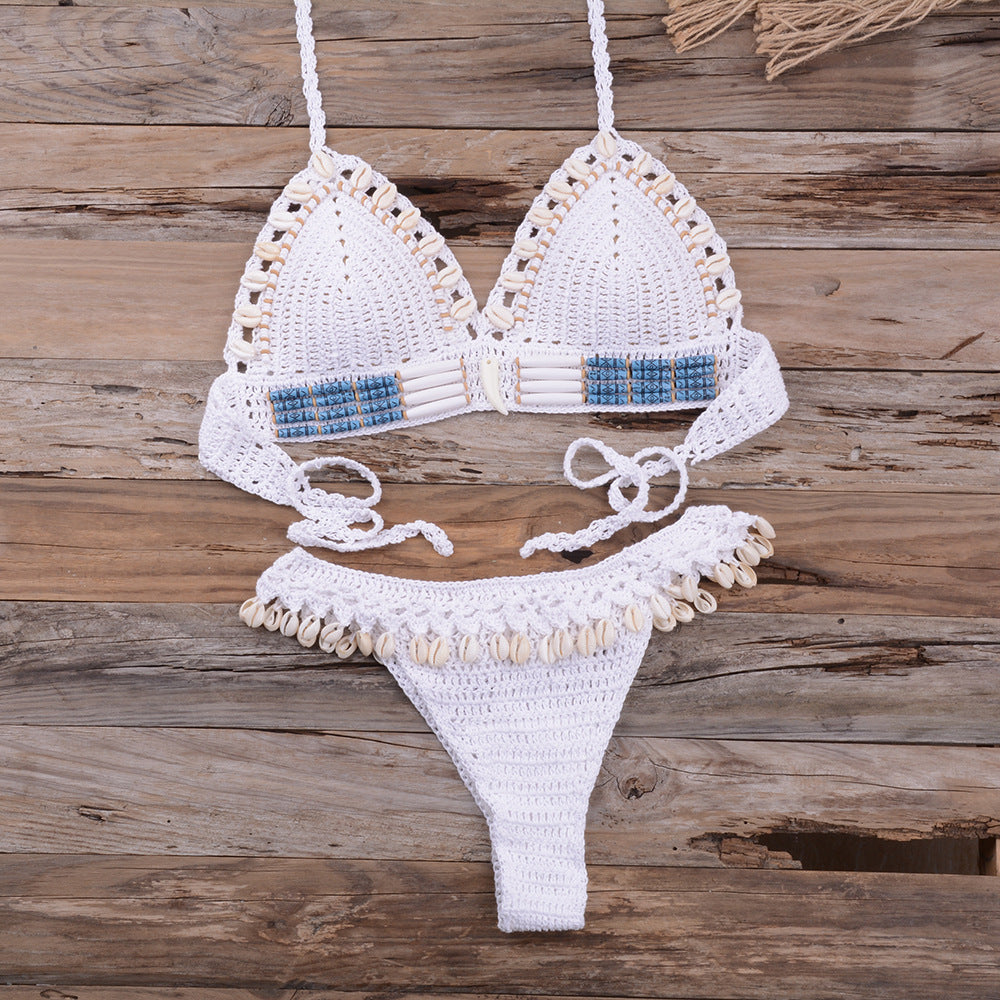 An artisanal Beach Knitted Sea Shell Swimsuit set with sea shell motifs from Beachy Cover Ups.