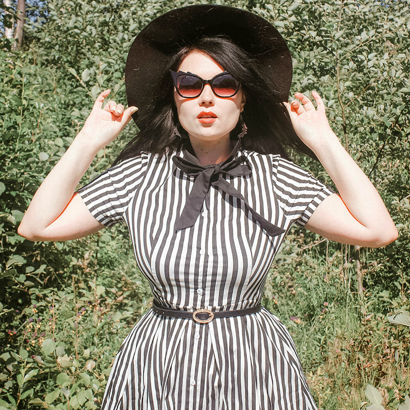 Retro Striped Button Vintage Summer Striped Dress With Bowtie