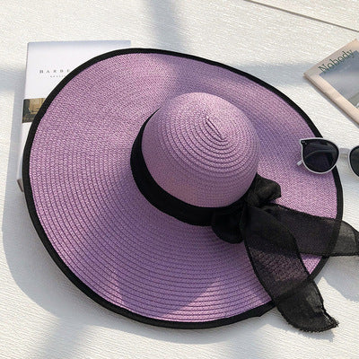 Classic Beach Straw Hat With Ribbon And Big Brim