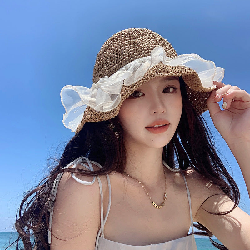 Wavy Beach Straw Mesh Ribbon Hat