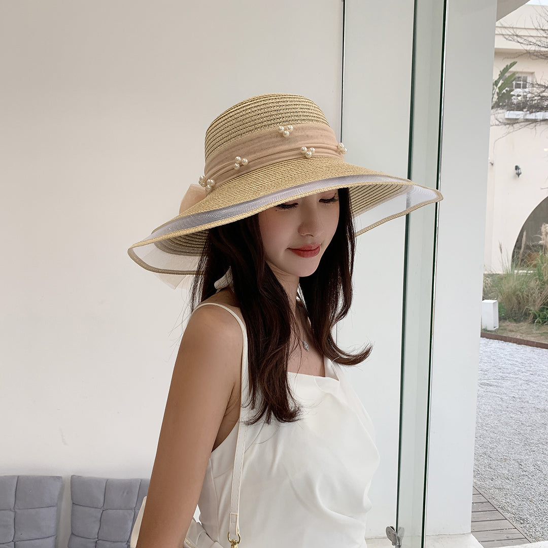 Big Brim Straw Beach Hat With Bow and Pearls