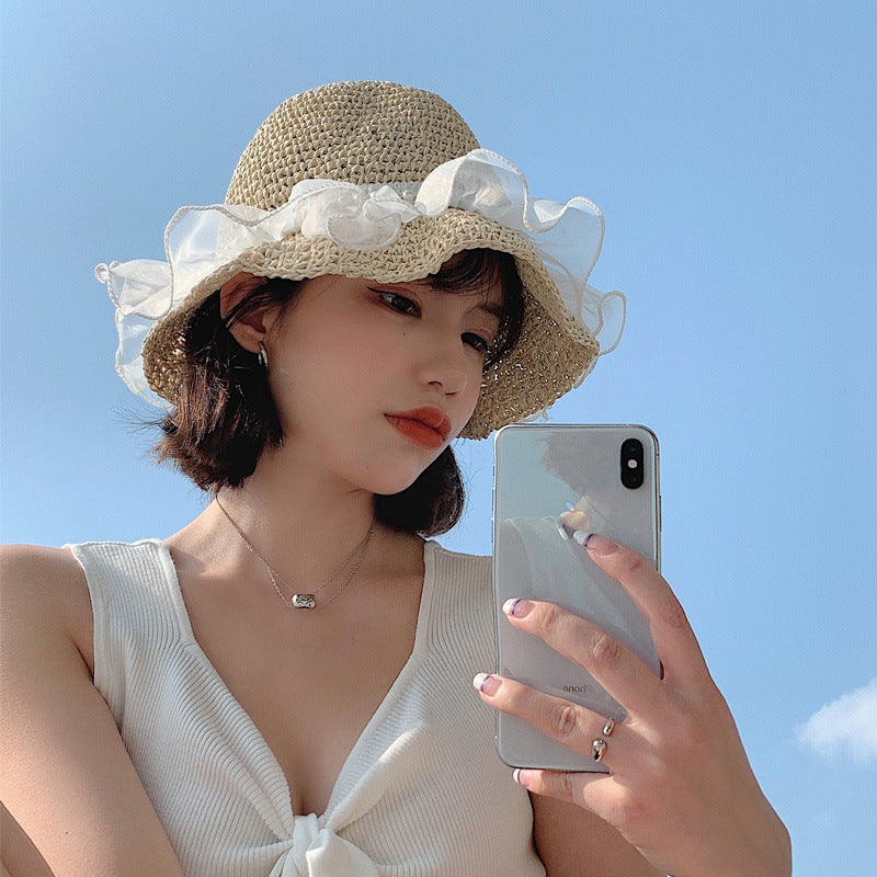 Wavy Beach Straw Mesh Ribbon Hat