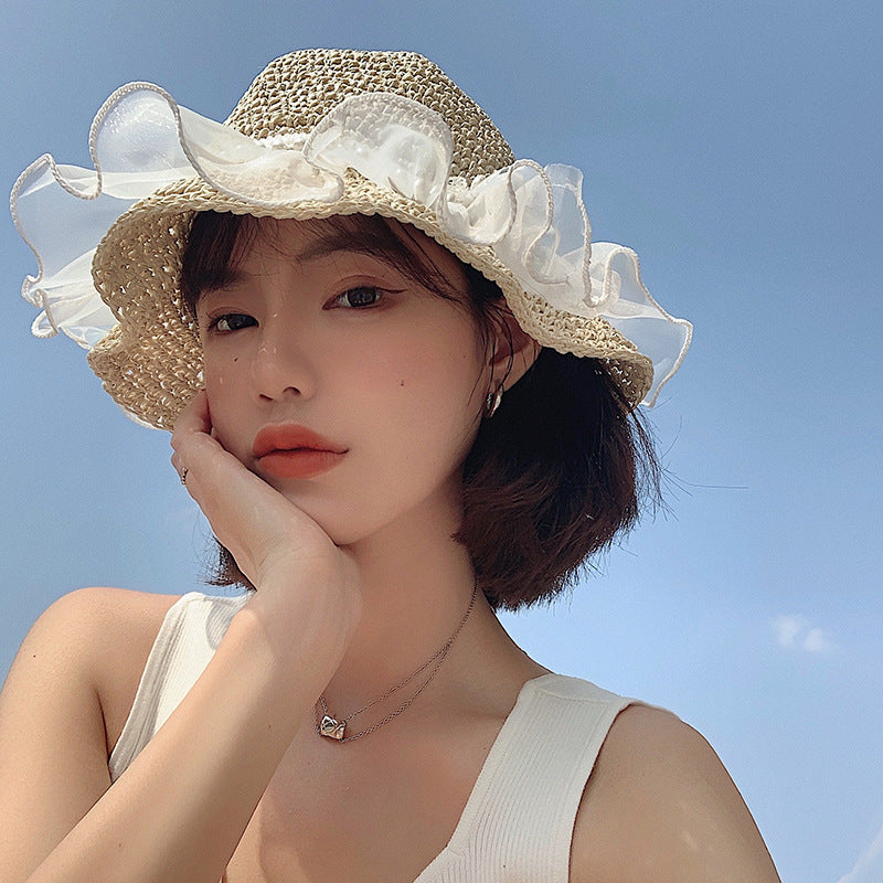 Wavy Beach Straw Mesh Ribbon Hat