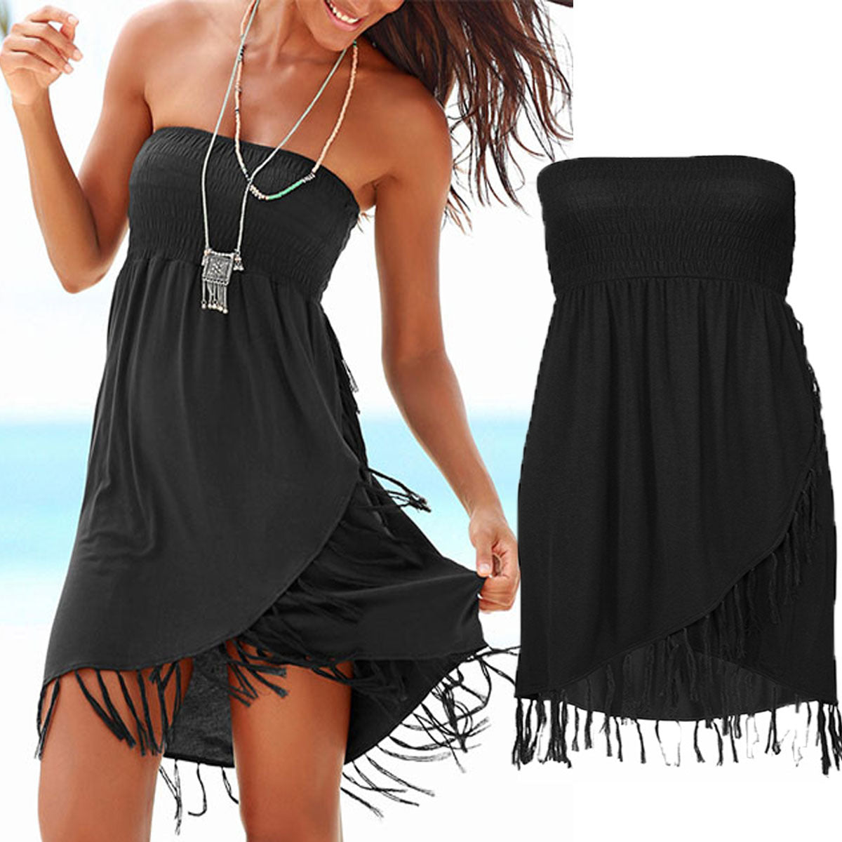 A woman effortlessly rocking a Beachy Cover Ups black sleeveless beach mini dress with fringe trim on the beach.