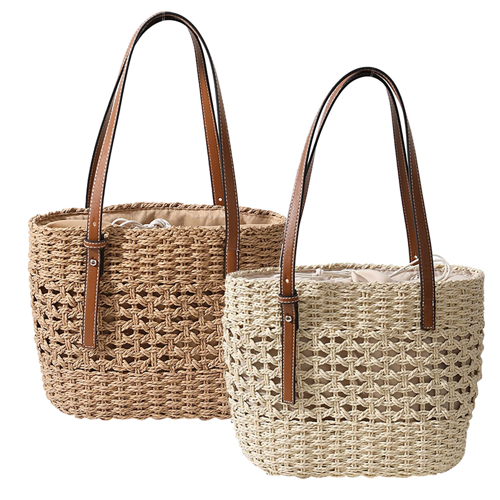 Two Beachy Cover Ups Beach Fashion Woven Shoulder Bags on a white background, perfect for beach fashion.