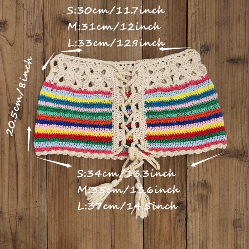 A picture of Rainbow Crochet Bohemian Beach Bikini Two Piece Set with measurements by Beachy Cover Ups.