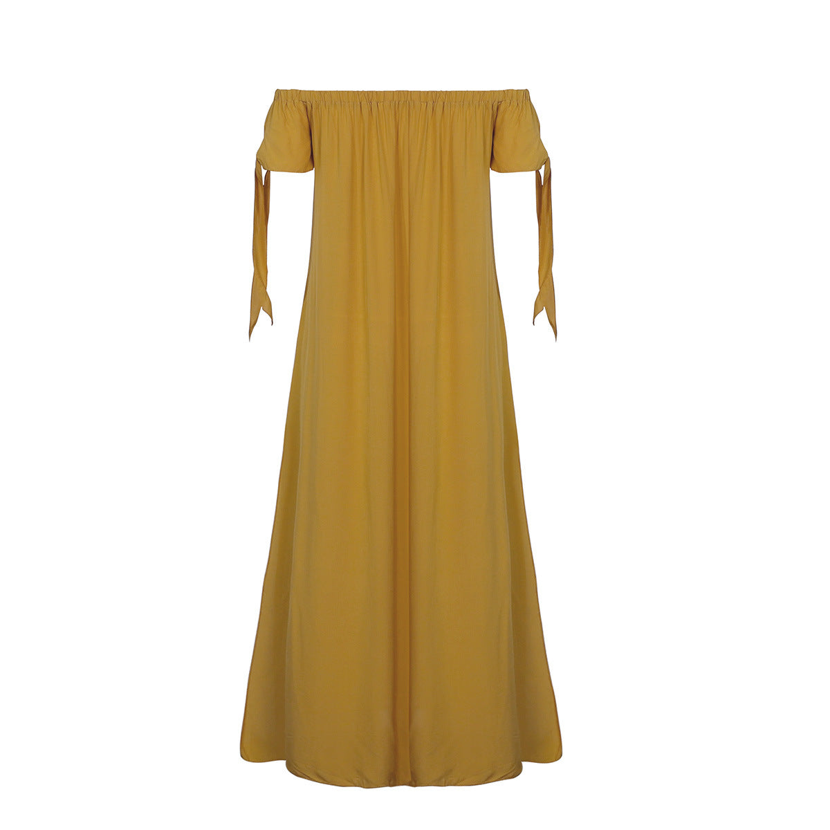 A yellow Summer Straight Shoulder Split Beach Dress by Beachy Cover Ups on a mannequin.