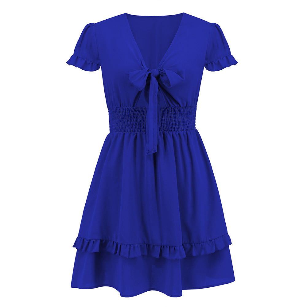 A Solid Color Ribbon Tie Beach Dress with ruffles and bows. (from Beachy Cover Ups)