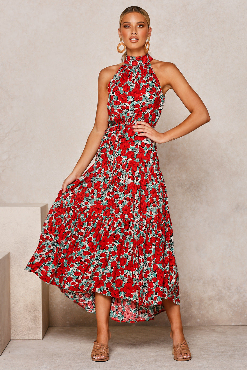 Red Floral Or Polka Halter long Dress With Front Ribbon Tie in polyester by Beachy Cover Ups.