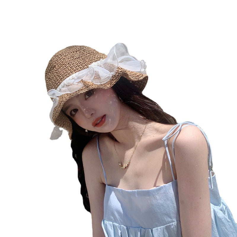 Wavy Beach Straw Mesh Ribbon Hat