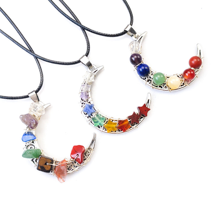 Crystal Stone Seven Chakras Moon Pentagram Necklace