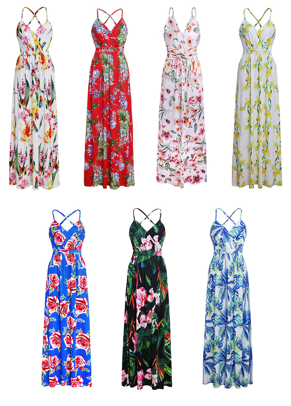 Six different Long Floral Resort Beach Dresses in beach dress style and tropical elegance, featuring stunning flower prints. (Brand: Beachy Cover Ups)