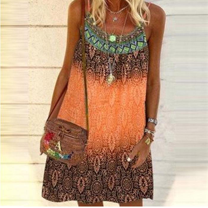 A woman in a Beachy Cover Ups Beach Boho Camisole Loose Dress.