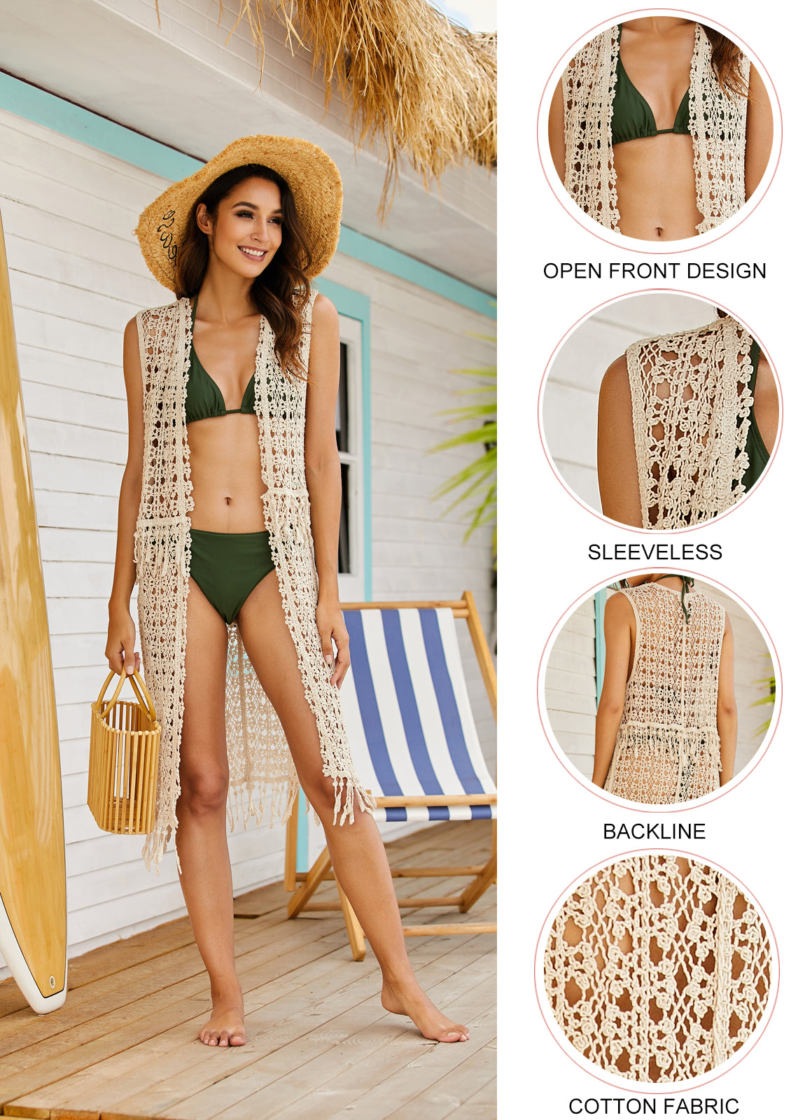 A woman wearing a crochet vest and bikini, showcasing the Summer Net Knitted Beachy Cover Up Vest style by Beachy Cover Ups.