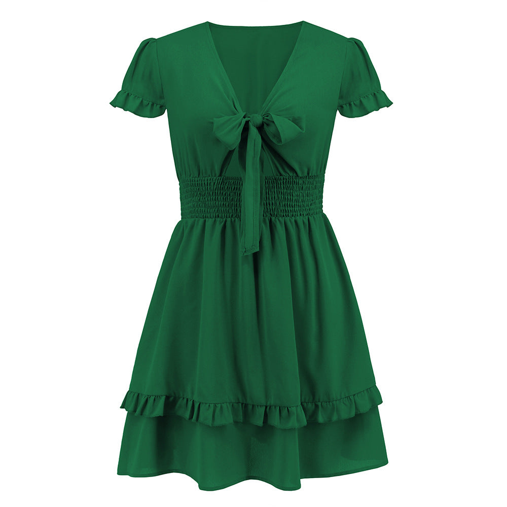 A Solid Color Ribbon Tie Beach Dress with ruffles and ribbon ties, from Beachy Cover Ups.