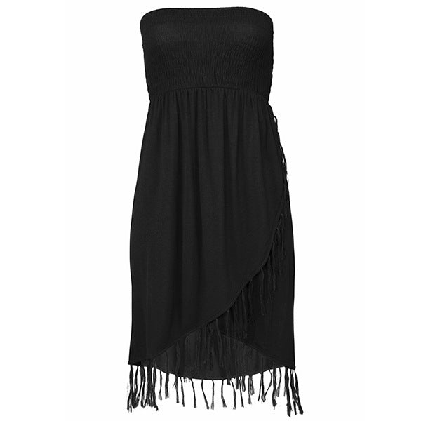 A Beachy Cover Ups chic black sleeveless beach mini dress with fringe trim.