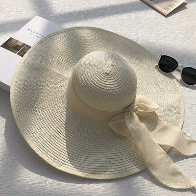 Classic Beach Straw Hat With Ribbon And Big Brim