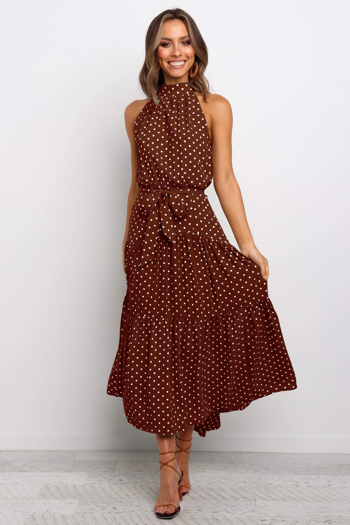 Brown Floral Or Polka Halter long Dress With Front Ribbon Tie from Beachy Cover Ups with a size chart.