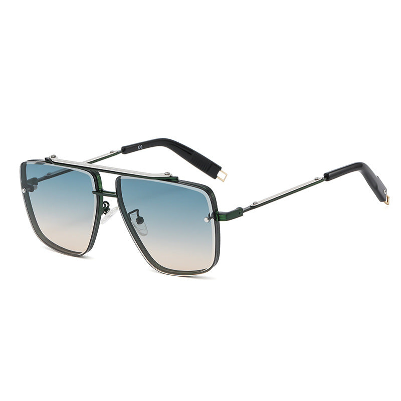 A fashionable pair of Twin-beam Metal Sunglasses with metal frames and blue lenses, offering UV protection, from Beachy Cover Ups.