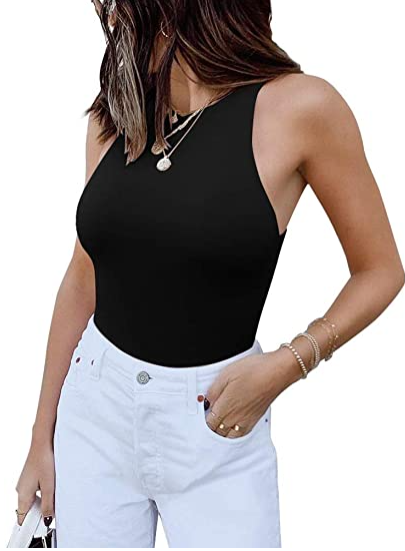 A woman wearing a Casual Sleeveless Halter Neck Tank Top by Beachy Cover Ups.