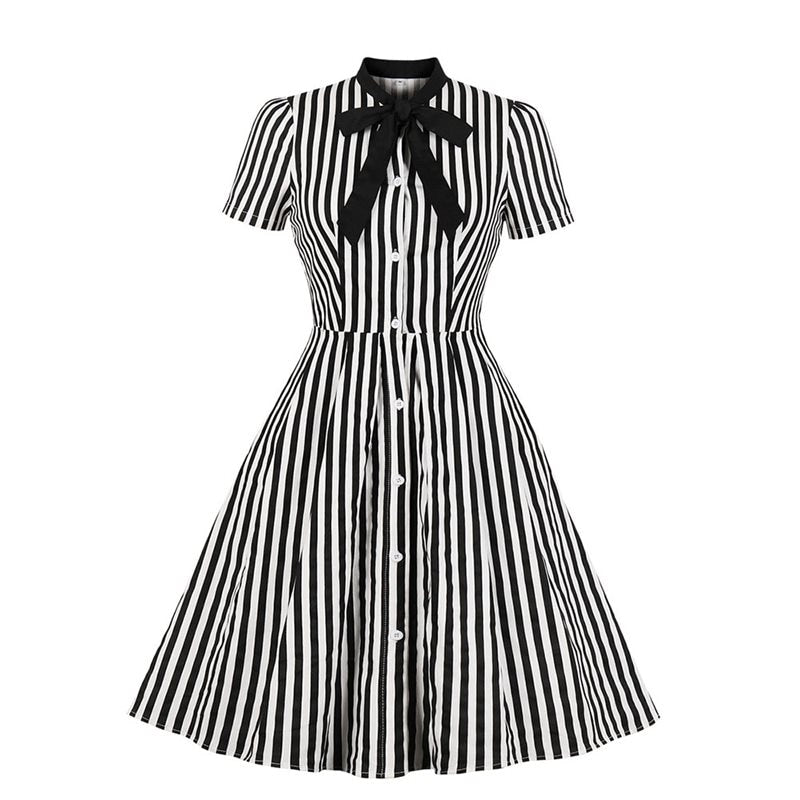 Retro Striped Button Vintage Summer Striped Dress With Bowtie