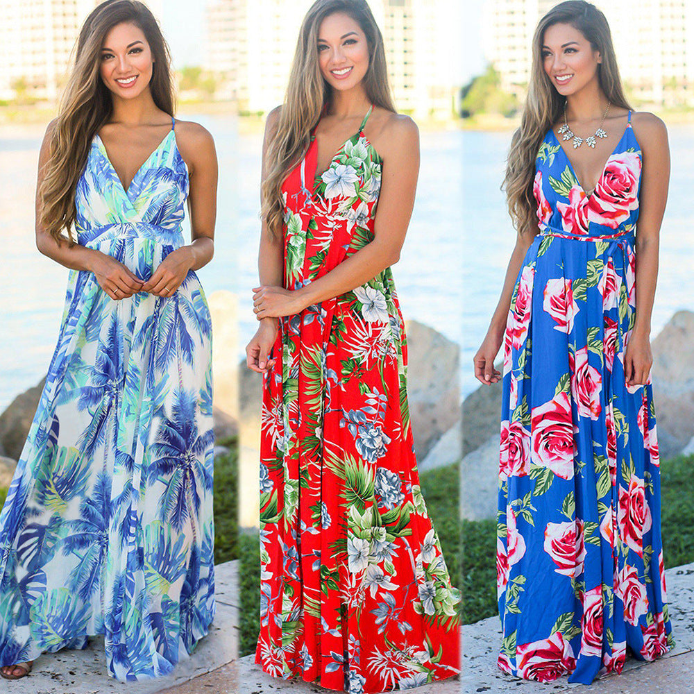 A woman in a Beachy Cover Ups Long Floral Resort Beach Dress.