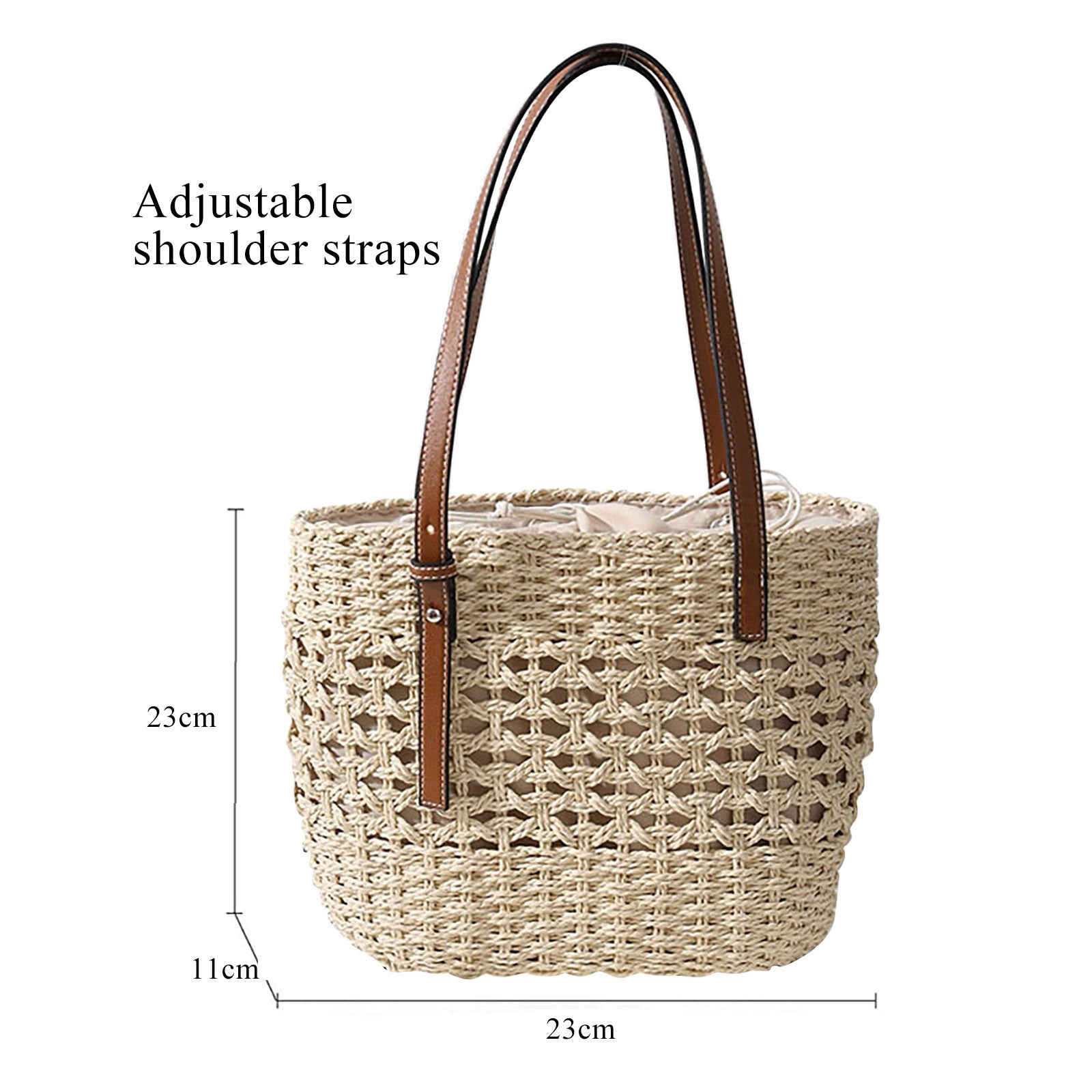 The measurements of a Beach Fashion Woven Shoulder Bag with shoulder straps by Beachy Cover Ups.