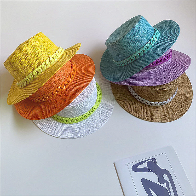 Colored Flat Top Straw Beach Hat