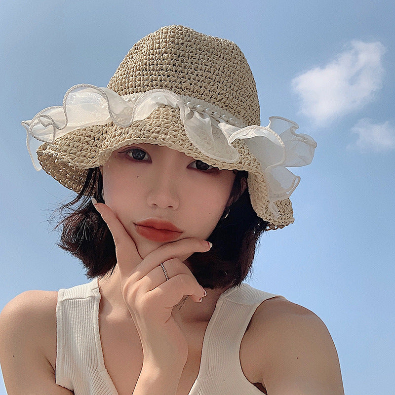 Wavy Beach Straw Mesh Ribbon Hat