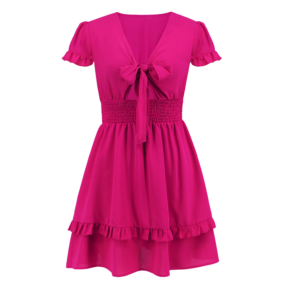 A Solid Color Ribbon Tie Beach Dress with ruffles and a ribbon tie by Beachy Cover Ups.