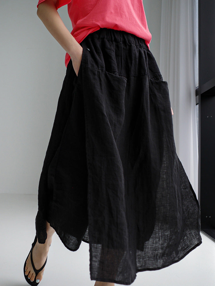 Design Double Pocket Large Size Elastic Waist Elegant Skirt Pure Linen Wide Leg Culottes
