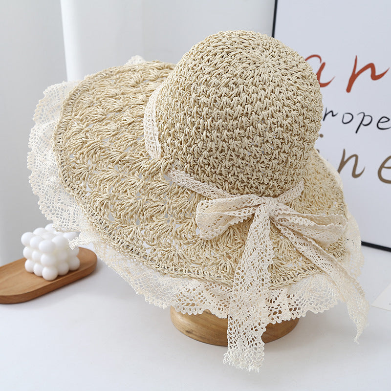 Classic Big Brim Beach Lace Strap Bow Hat