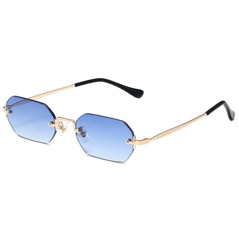 A Polygon Square Sunglasses with a gold frame and blue lenses that provide UV protection, Beachy Cover Ups.