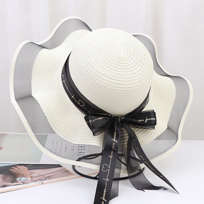 Wavy Brim Ribbon Bow Streamer Beach Hat