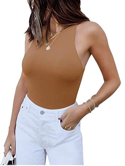 A woman wearing Sleeveless Halter Neck Tank Tops by Beachy Cover Ups.