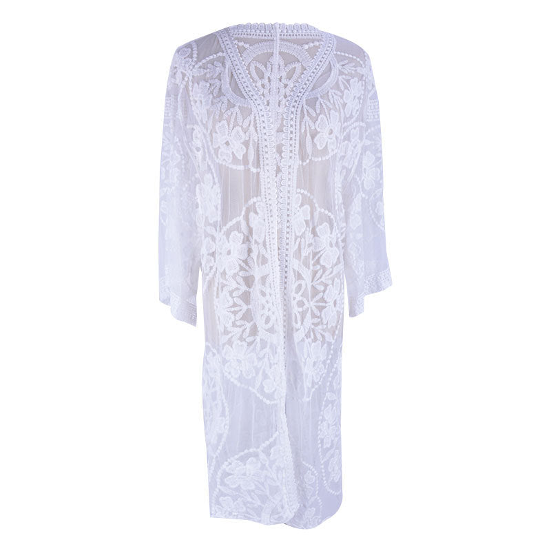 A Beachy Cover Ups Lace Mesh Crochet Beach Jacket Cover Up with a sleeveless design.