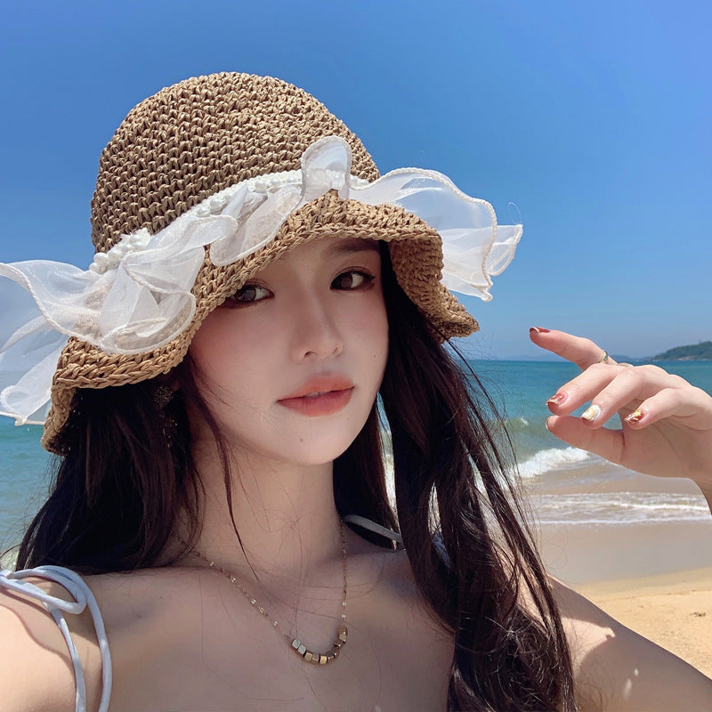 Wavy Beach Straw Mesh Ribbon Hat