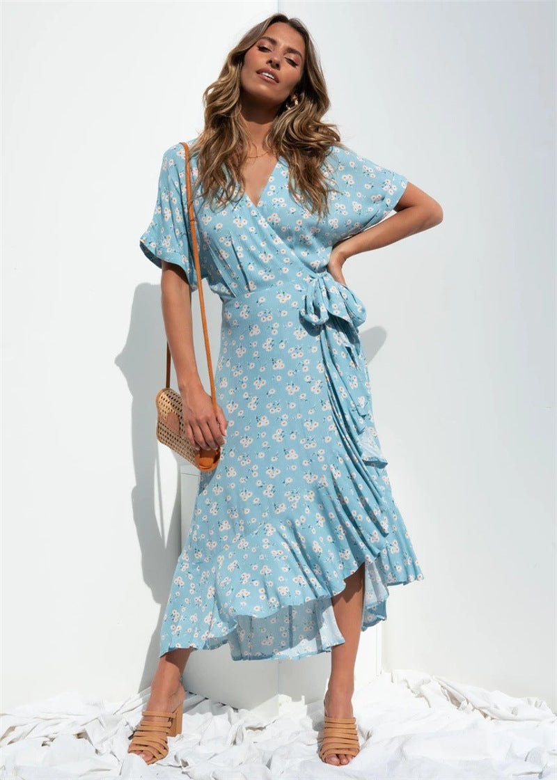 Blue Bow Floral Design Beach Slit Long Dress - Beachy Cover Ups