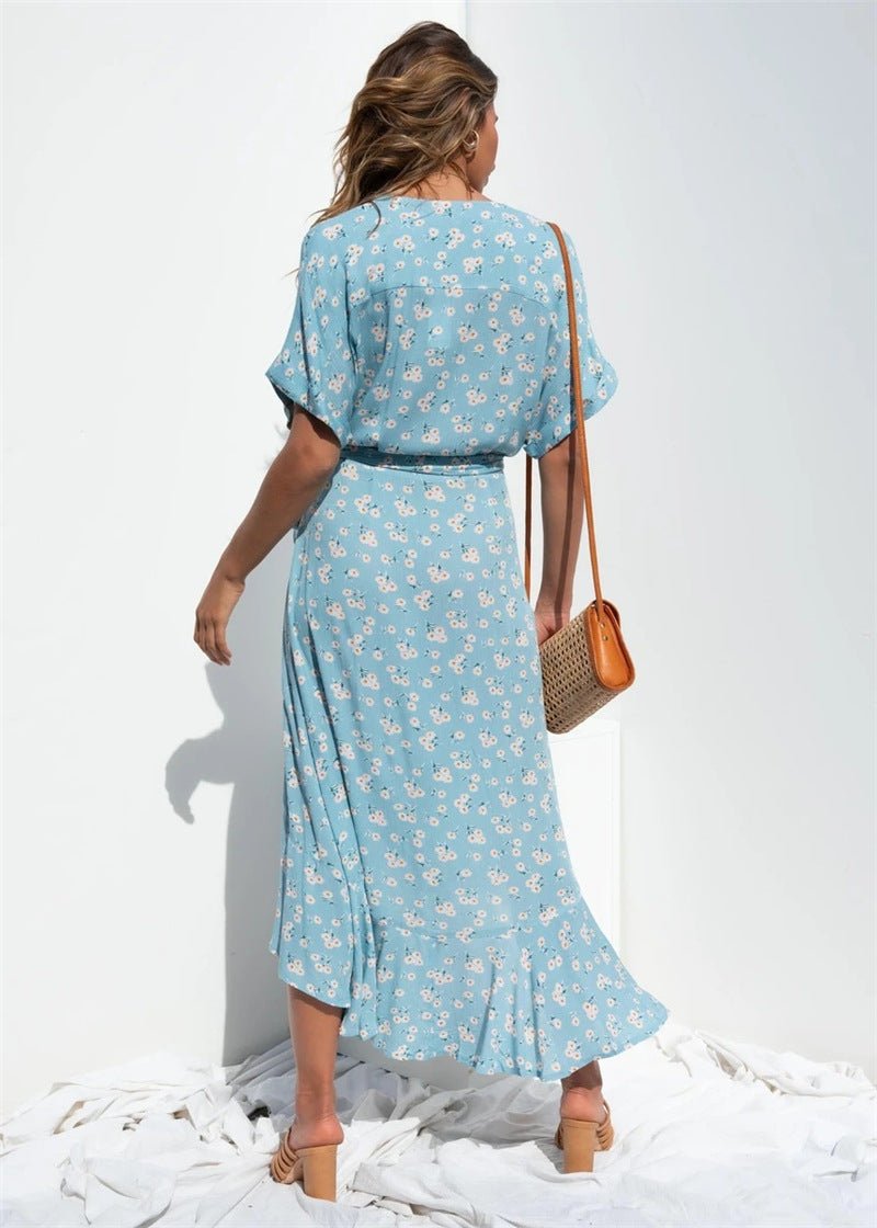 Blue Bow Floral Design Beach Slit Long Dress - Beachy Cover Ups