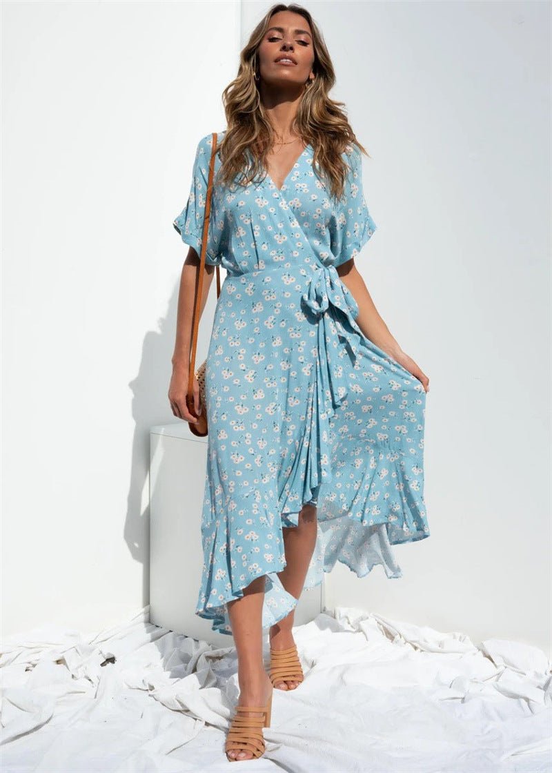 Blue Bow Floral Design Beach Slit Long Dress - Beachy Cover Ups